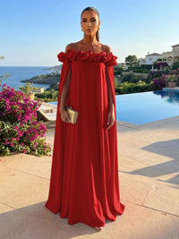 Chiffon Shift Dresses Off Shoulder Floor-Length Evening Dresses with Cape