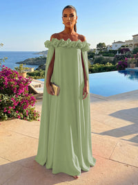 Chiffon Shift Dresses Off Shoulder Floor-Length Evening Dresses with Cape