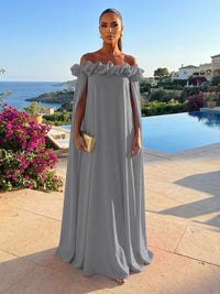 Chiffon Shift Dresses Off Shoulder Floor-Length Evening Dresses with Cape