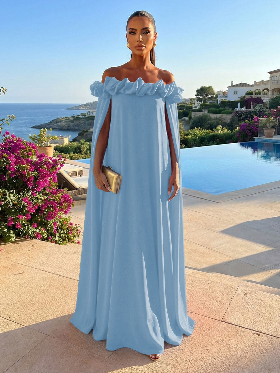 Chiffon Shift Dresses Off Shoulder Floor-Length Evening Dresses with Cape