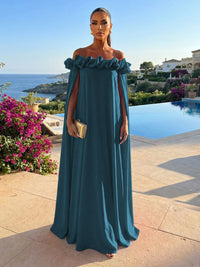 Chiffon Shift Dresses Off Shoulder Floor-Length Evening Dresses with Cape