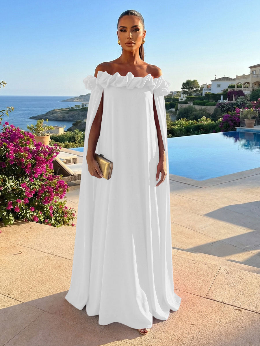 Chiffon Shift Dresses Off Shoulder Floor-Length Evening Dresses with Cape