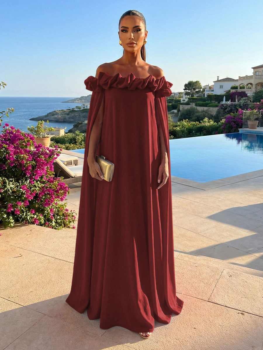Chiffon Shift Dresses Off Shoulder Floor-Length Evening Dresses with Cape