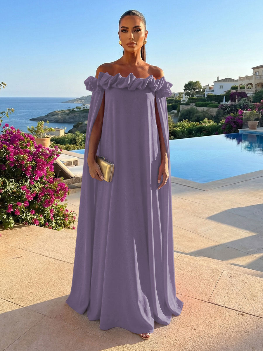 Chiffon Shift Dresses Off Shoulder Floor-Length Evening Dresses with Cape