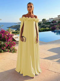 Chiffon Shift Dresses Off Shoulder Floor-Length Evening Dresses with Cape