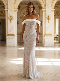 Sequin Sheath/Column Off Shoulder Floor-Length Evening Dresses with Sweep Train
