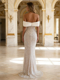 Sequin Sheath/Column Off Shoulder Floor-Length Evening Dresses with Sweep Train