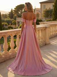 Sequin Satin Sheath/Column Off Shoulder Floor-Length Evening Dresses with Sweep Train