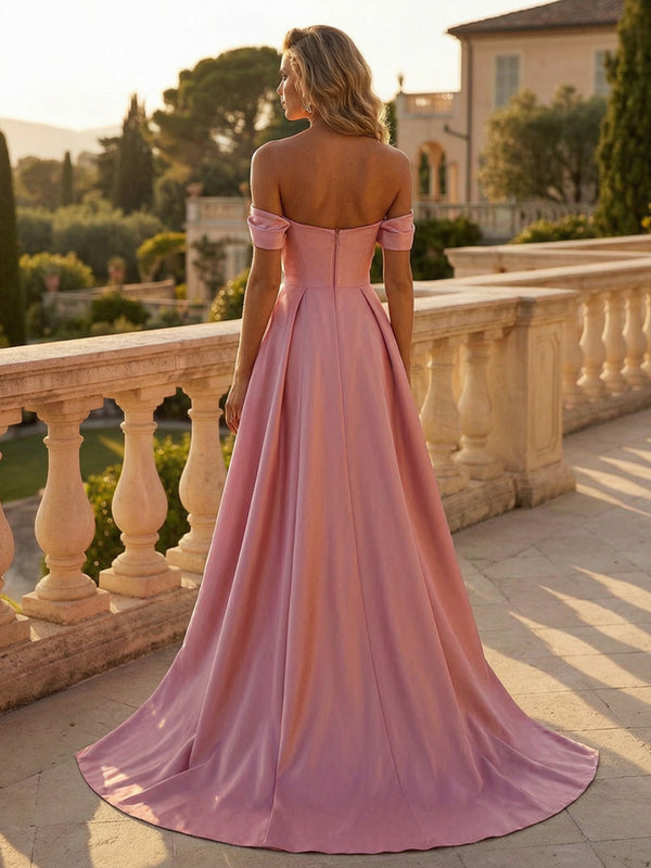 Sequin Satin Sheath/Column Off Shoulder Floor-Length Evening Dresses with Sweep Train