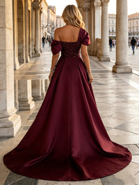 Sequin Satin Sheath/Column Off Shoulder Floor-Length Evening Dresses with Sweep Train