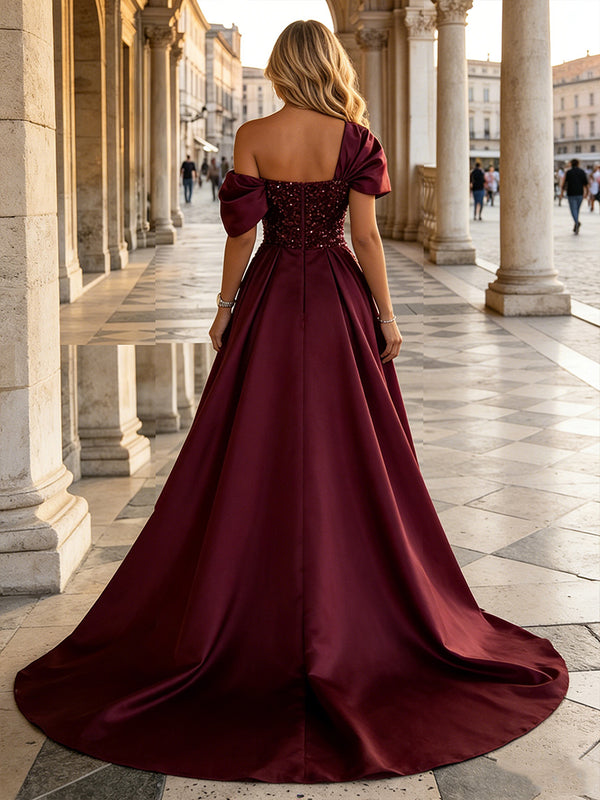 Sequin Satin Sheath/Column Off Shoulder Floor-Length Evening Dresses with Sweep Train