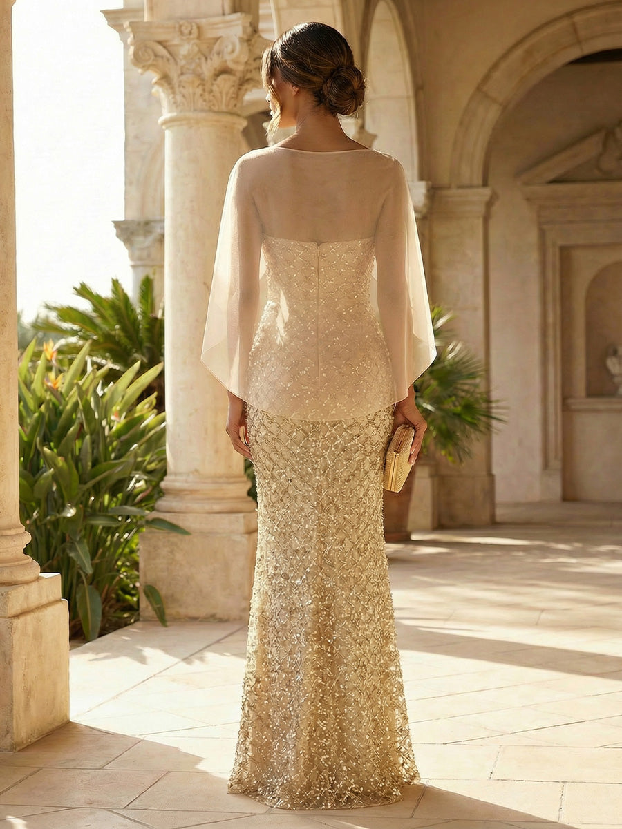 Sequin Sheath/Column Off Shoulder Floor-Length Evening Dresses with Chiffon Cape