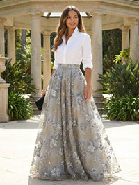 Jacquard A-Line/Princess V-Neck Floor-Length Evening Dresses with Satin Bodice