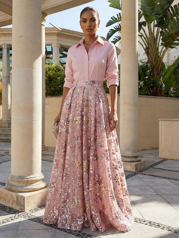 Sequin Floral A-Line/Princess V-Neck Floor-Length Evening Dresses with Satin Bodice