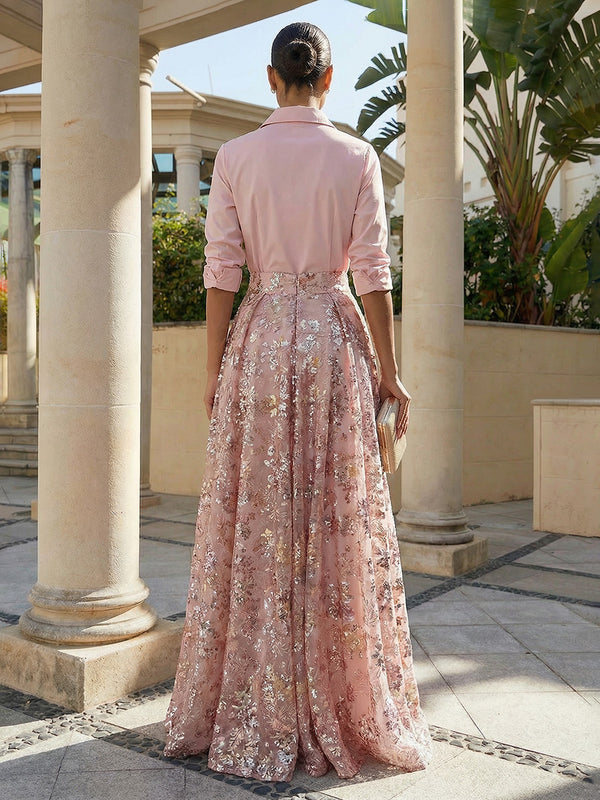 Sequin Floral A-Line/Princess V-Neck Floor-Length Evening Dresses with Satin Bodice