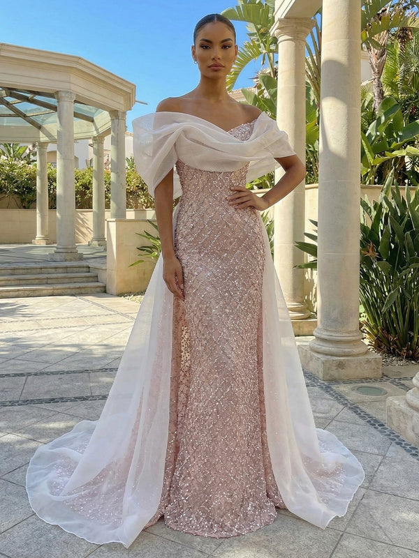 Sequin Sheath/Column Off Shoulder Floor-Length Evening Dresses with Sweep Train
