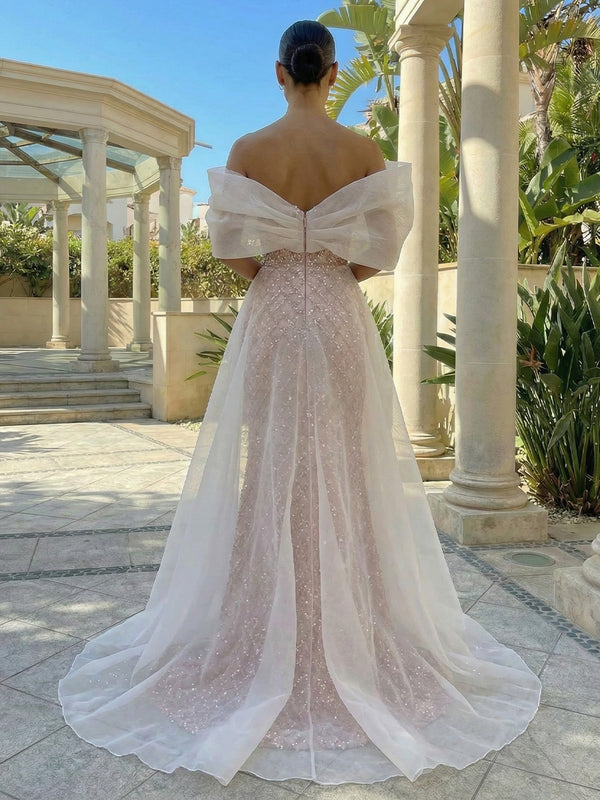 Sequin Sheath/Column Off Shoulder Floor-Length Evening Dresses with Sweep Train