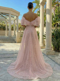 Sequin Sheath/Column Off Shoulder Floor-Length Evening Dresses with Sweep Train