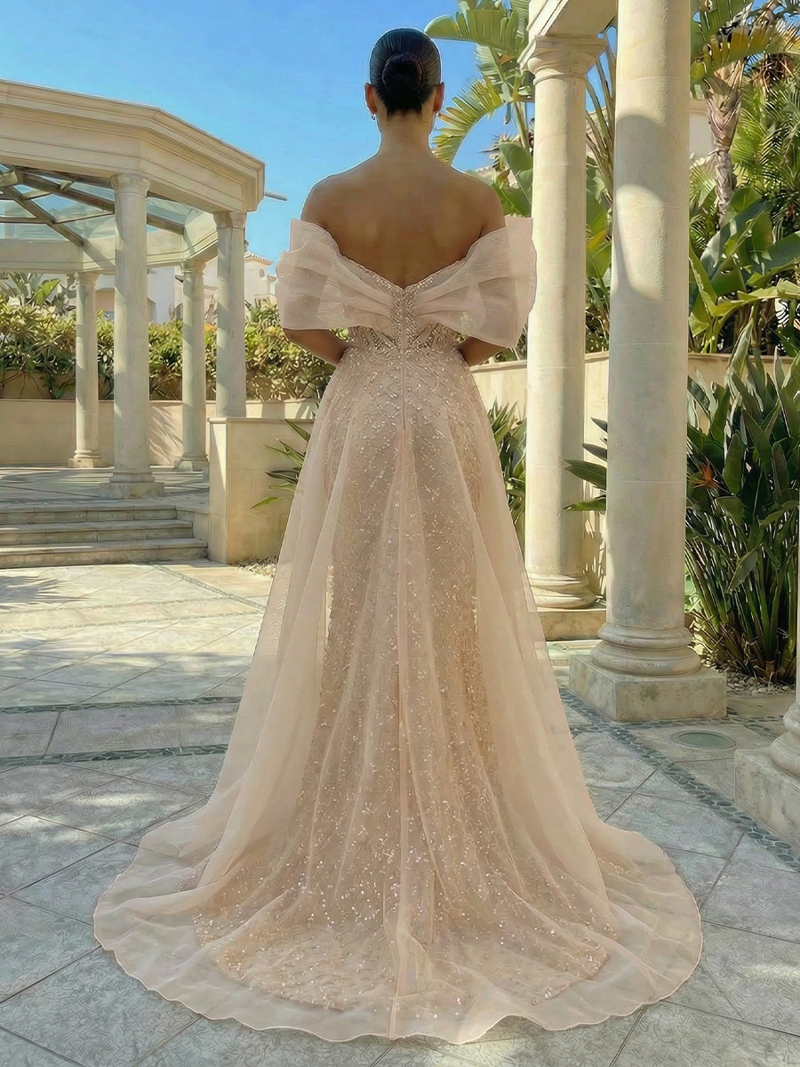Sequin Sheath/Column Off Shoulder Floor-Length Evening Dresses with Sweep Train