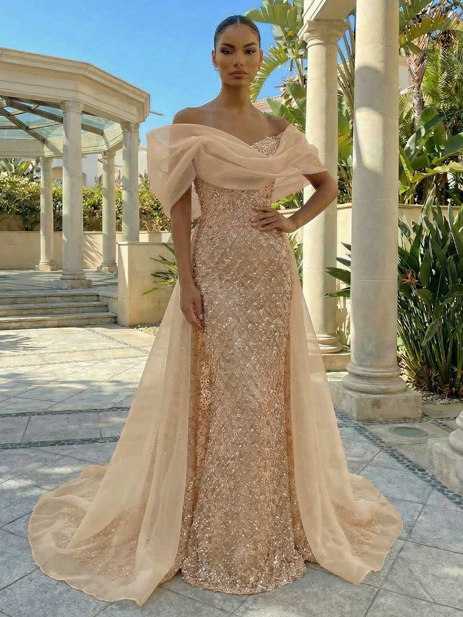 Sequin Sheath/Column Off Shoulder Floor-Length Evening Dresses with Sweep Train