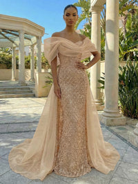 Sequin Sheath/Column Off Shoulder Floor-Length Evening Dresses with Sweep Train
