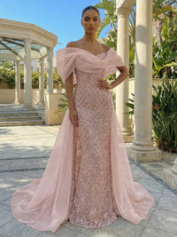 Sequin Sheath/Column Off Shoulder Floor-Length Evening Dresses with Sweep Train