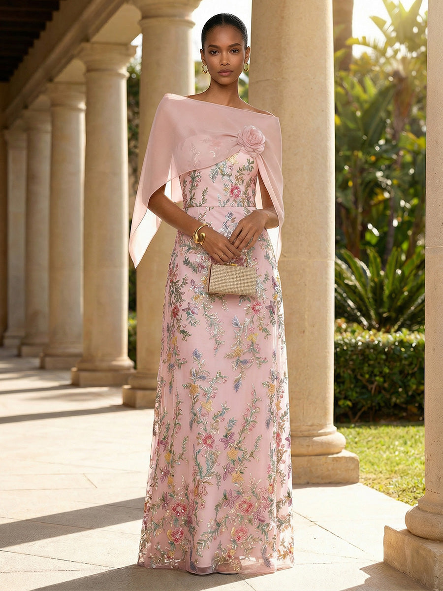 Sequin Floral Sheath/Column Off Shoulder Floor-Length Evening Dresses with Chiffon Cape