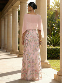 Sequin Floral Sheath/Column Off Shoulder Floor-Length Evening Dresses with Chiffon Cape