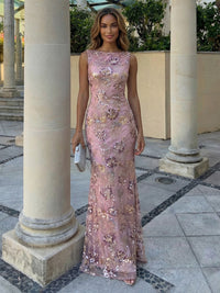 Sequin Floral Sheath/Column Scoop Neck Floor-Length Evening Dresses with Lace