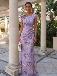 Sequin Floral Sheath/Column Asymmetric Neck Floor-Length Evening Dresses with Lace