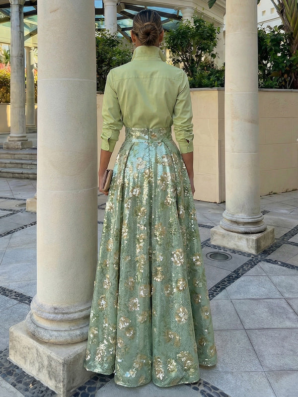 Sequin Floral A-Line/Princess V-Neck Floor-Length Evening Dresses with Satin Bodice