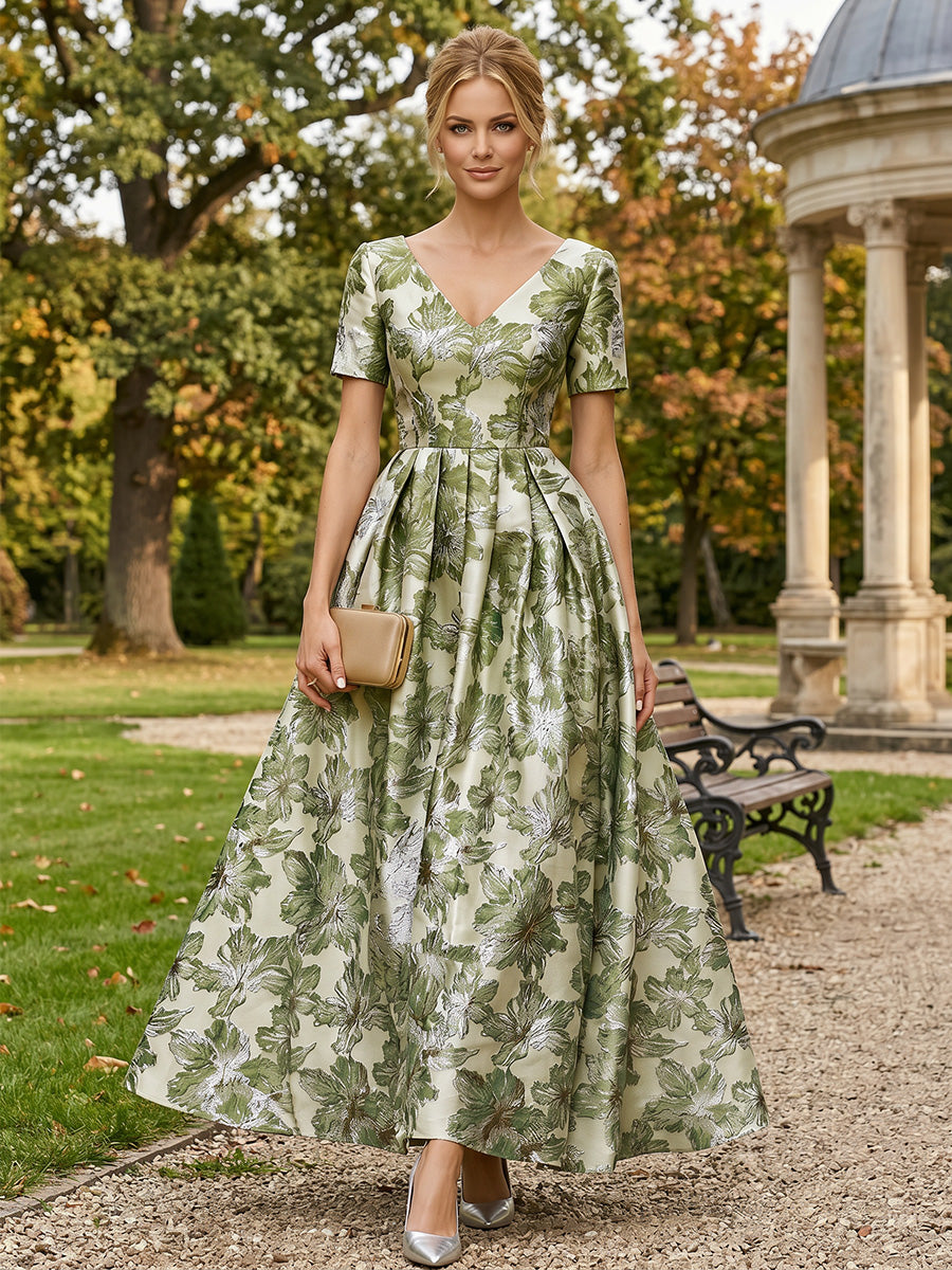 Floral Print A-Line/Princess V-Neck Floor-Length Evening Dresses with Ruched Waist