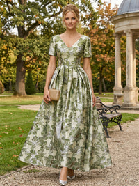 Floral Print A-Line/Princess V-Neck Floor-Length Evening Dresses with Ruched Waist