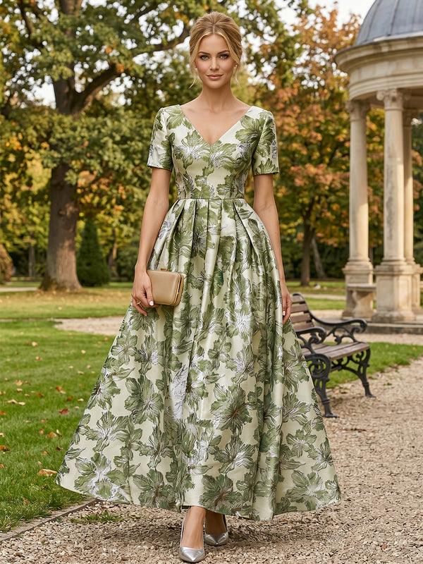 Floral Print A-Line/Princess V-Neck Floor-Length Evening Dresses with Ruched Waist
