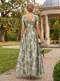 Floral Print A-Line/Princess V-Neck Floor-Length Evening Dresses with Ruched Waist