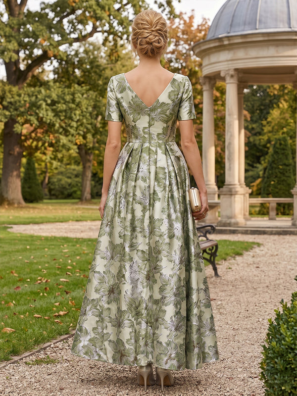 Floral Print A-Line/Princess V-Neck Floor-Length Evening Dresses with Ruched Waist