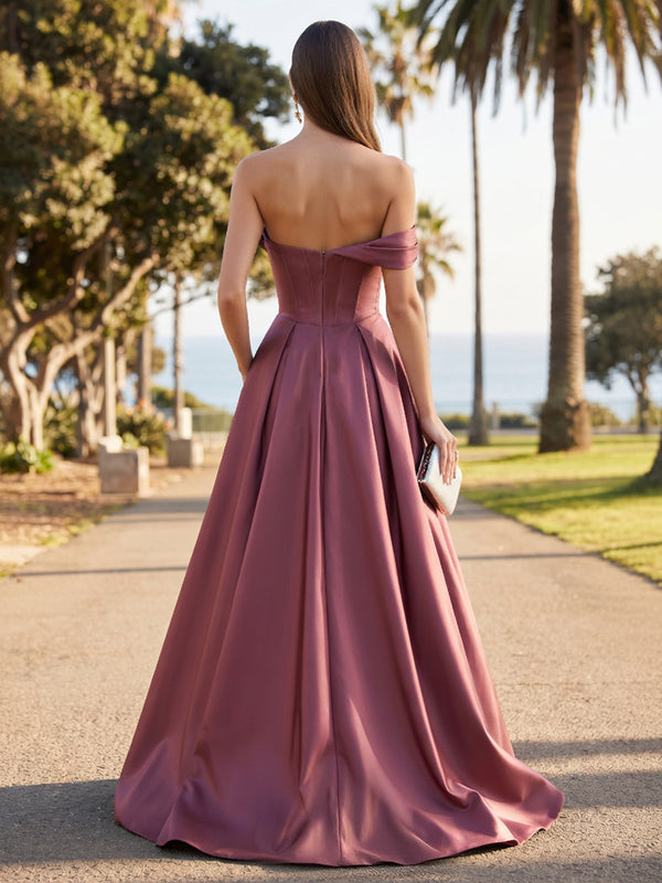 Satin A-Line/Princess One Shoulder Floor-Length Evening Dresses with Ruched Waist