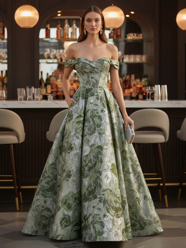 Floral Print A-Line/Princess Off Shoulder Floor-Length Evening Dresses with Ruched Waist