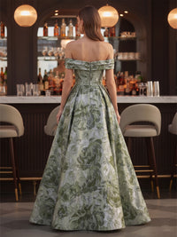 Floral Print A-Line/Princess Off Shoulder Floor-Length Evening Dresses with Ruched Waist