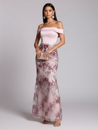Lace Sheath/Column Off Shoulder Floor-Length Evening Dresses with Satin Bodice