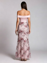 Lace Sheath/Column Off Shoulder Floor-Length Evening Dresses with Satin Bodice