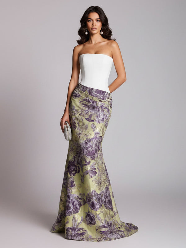 Floral Print Sheath/Column Strapless Floor-Length Evening Dresses with Satin Bodice