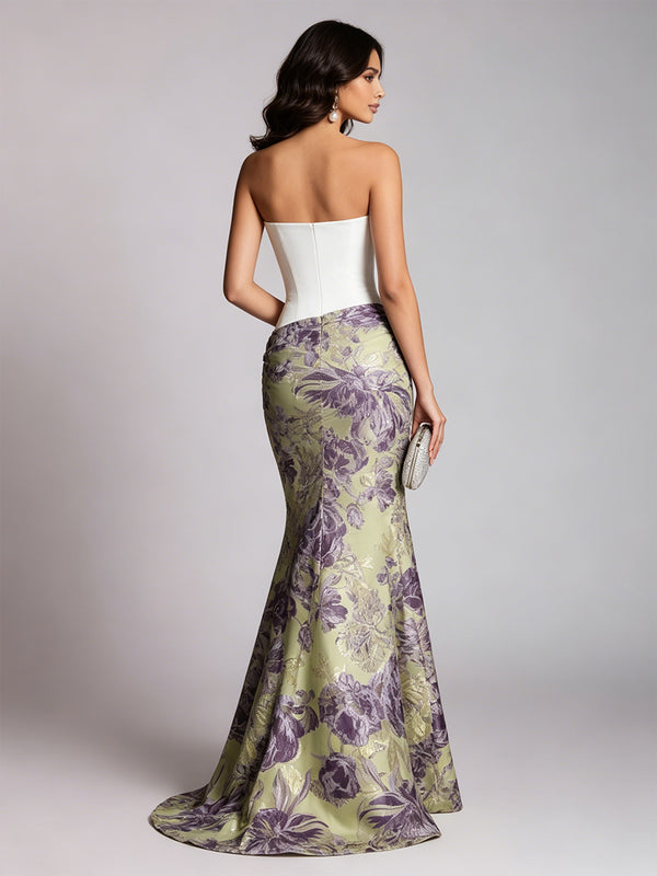 Floral Print Sheath/Column Strapless Floor-Length Evening Dresses with Satin Bodice