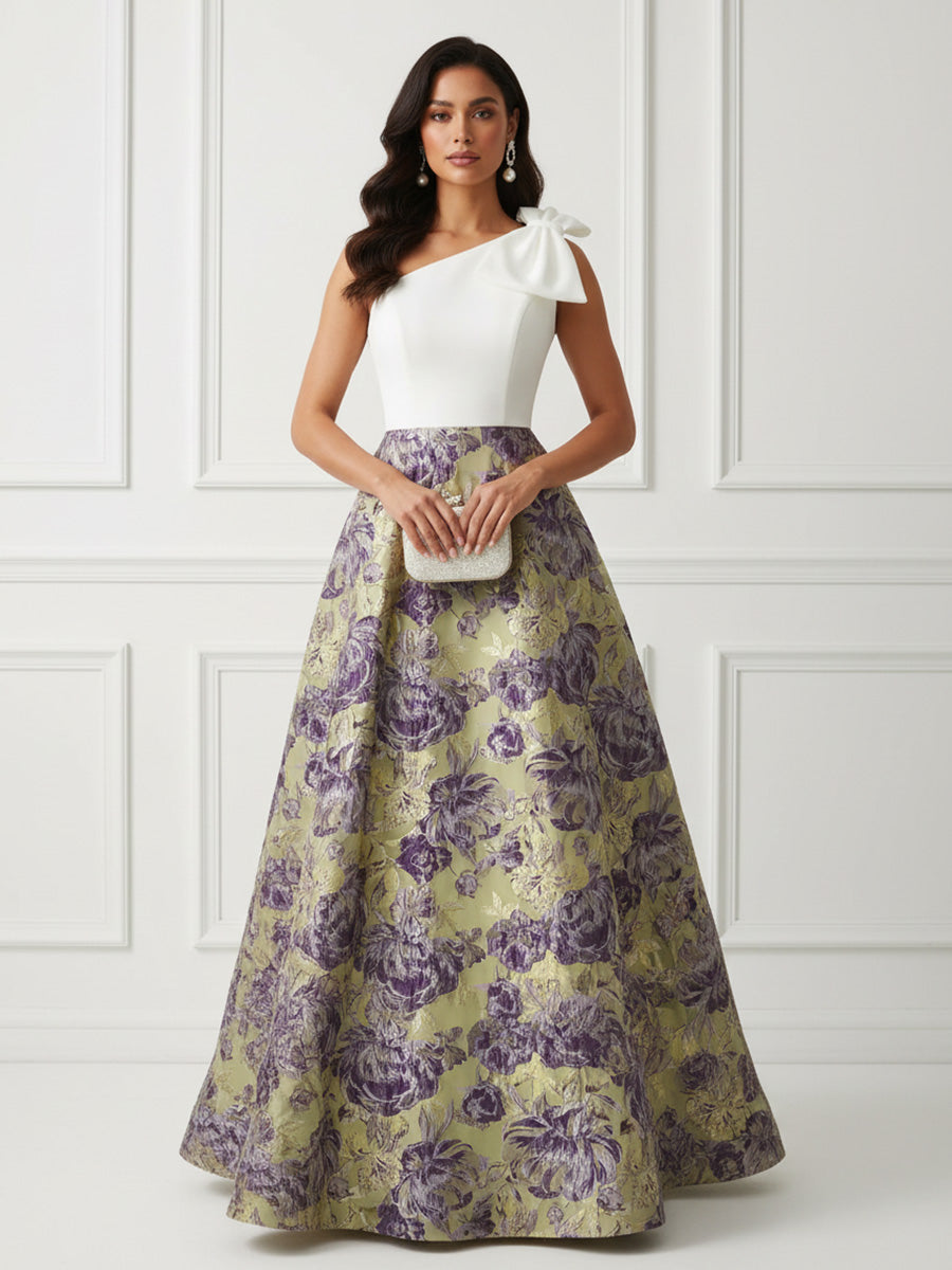Floral Print A-Line/Princess One Shoulder Floor-Length Evening Dresses with Satin Bodice