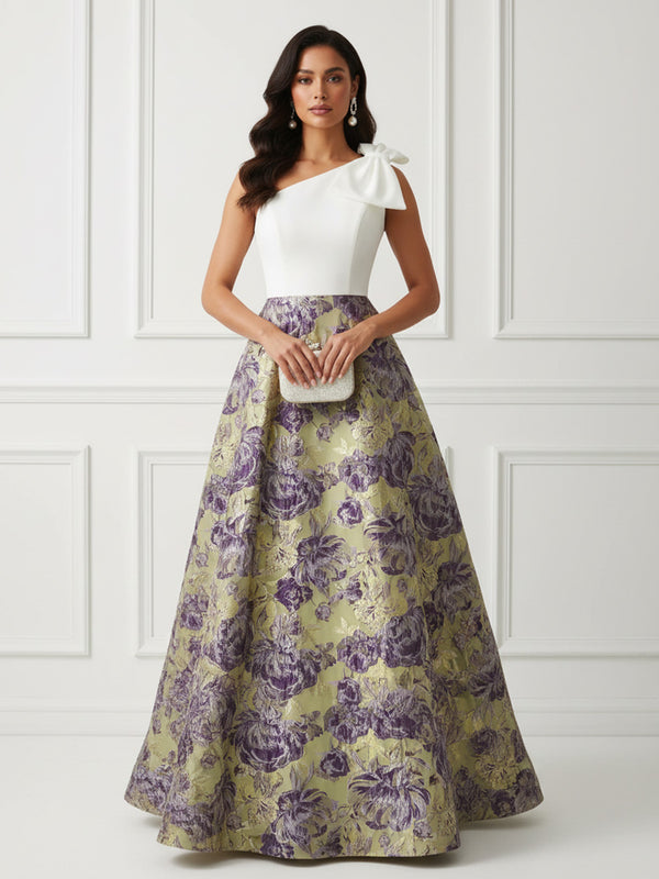 Floral Print A-Line/Princess One Shoulder Floor-Length Evening Dresses with Satin Bodice