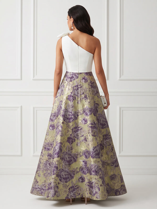Floral Print A-Line/Princess One Shoulder Floor-Length Evening Dresses with Satin Bodice