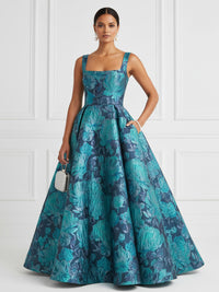 Jacquard A-Line/Princess Square Neck Floor-Length Evening Dresses with Pockets
