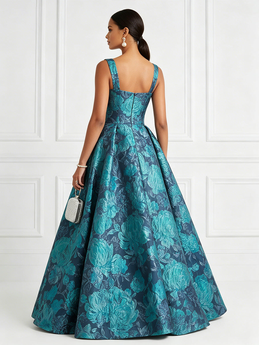 Jacquard A-Line/Princess Square Neck Floor-Length Evening Dresses with Pockets