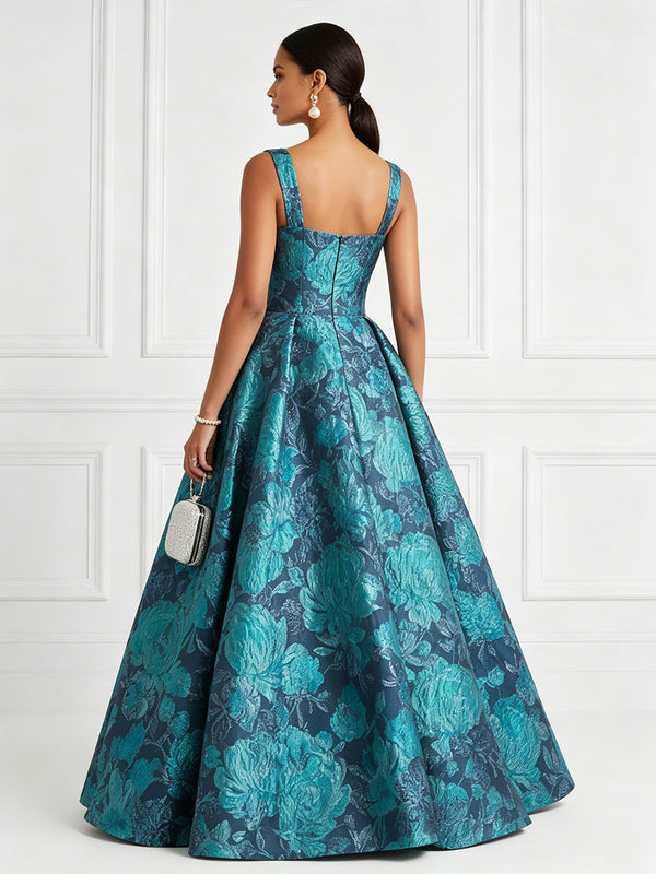 Jacquard A-Line/Princess Square Neck Floor-Length Evening Dresses with Pockets
