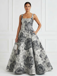 Jacquard A-Line/Princess Square Neck Floor-Length Evening Dresses with Pockets